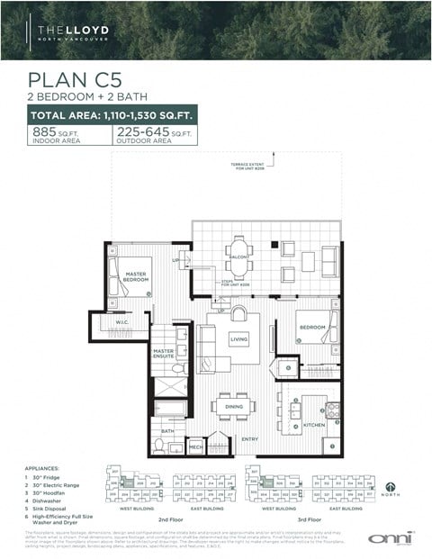 Floor plan for 2 beds, 2 baths, 887 sqft